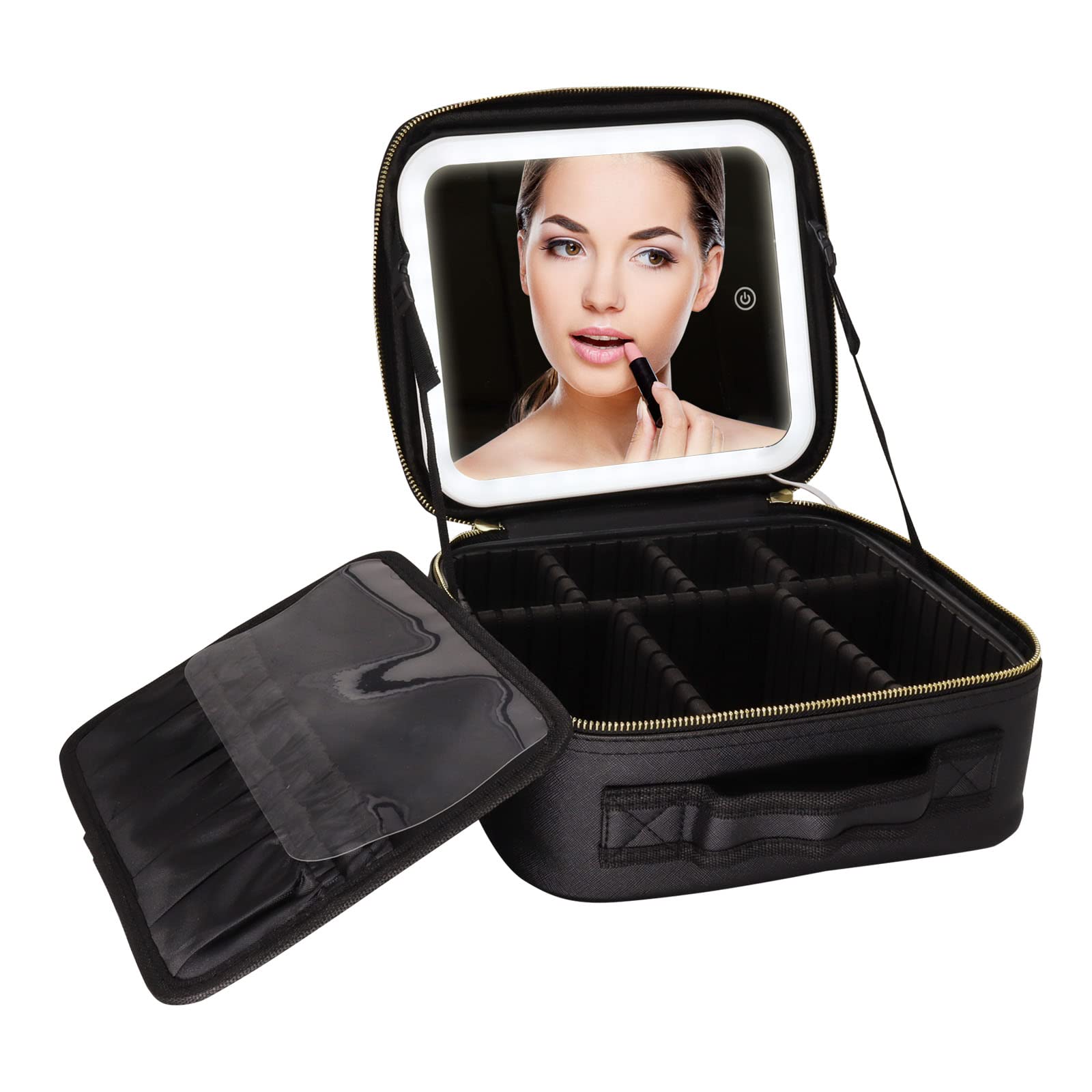 CHIKYTECH Makeup Bag With Mirror and Light, Travel Makeup Bag Organizer with Adjustable Dividers, Makeup Case with Detachable Adjustable Makeup Light Mirror, Black, Travel Bag-image-11