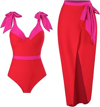 IDOPIP Womens One Piece Swimsuit with Beach Cover up Wrap Skirt Sarong Retro Floral Print Bikini Set Two Piece Bathing Suits