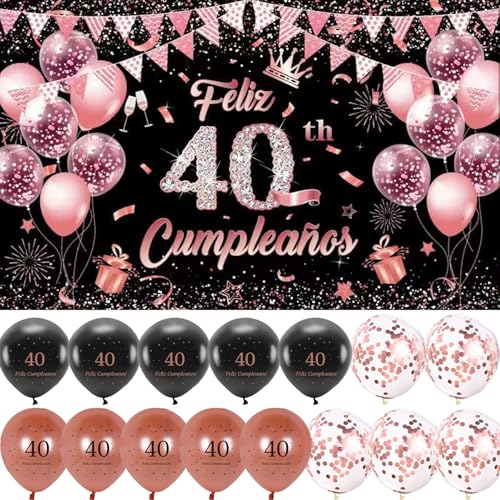 Decoración para Cumpleaños 40 Escrita en Español 1 Pancarta Feliz Cumpleños 40 Photocall 40 Cumpleaños Decoración 40 Años Negro Rosa Happy Bithday Fondo Cartel con Globos para Cumpleaños