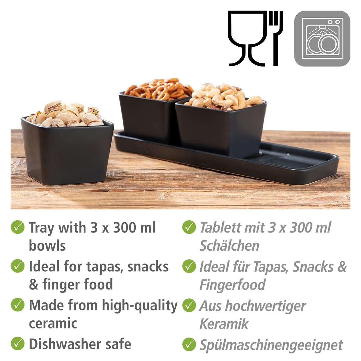 Wenko Ciotole per snack e salse, set 4 pezzi, piccolo vassoio con 3 ciotoline 300 ml in ceramica di qualità, accessorio Black Outdoor Kitchen per tapas, snack e fingerfood, 30x10x8 cm, nero, 55022100