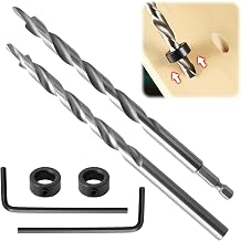 2 Pcs 9.5mm Pocket Hole Drill Bits, High Speed Steel Round & Hex Shank Twist Drill Bit Set with Depth Stop Collar Quick Release Drill Guide Tools for Manual Woodworking Metalworking Silver