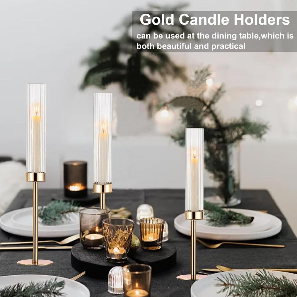 Nuptio Hurricane Kandelaar Houder Goud: Helder Glas Metalen Kaarsenhouders voor Taper Kandelaar Hoge Open Einde Kandelaar Cilinder Schaduw Bruiloft Partij Tafel Centrepiece Decoratie, Set van 3