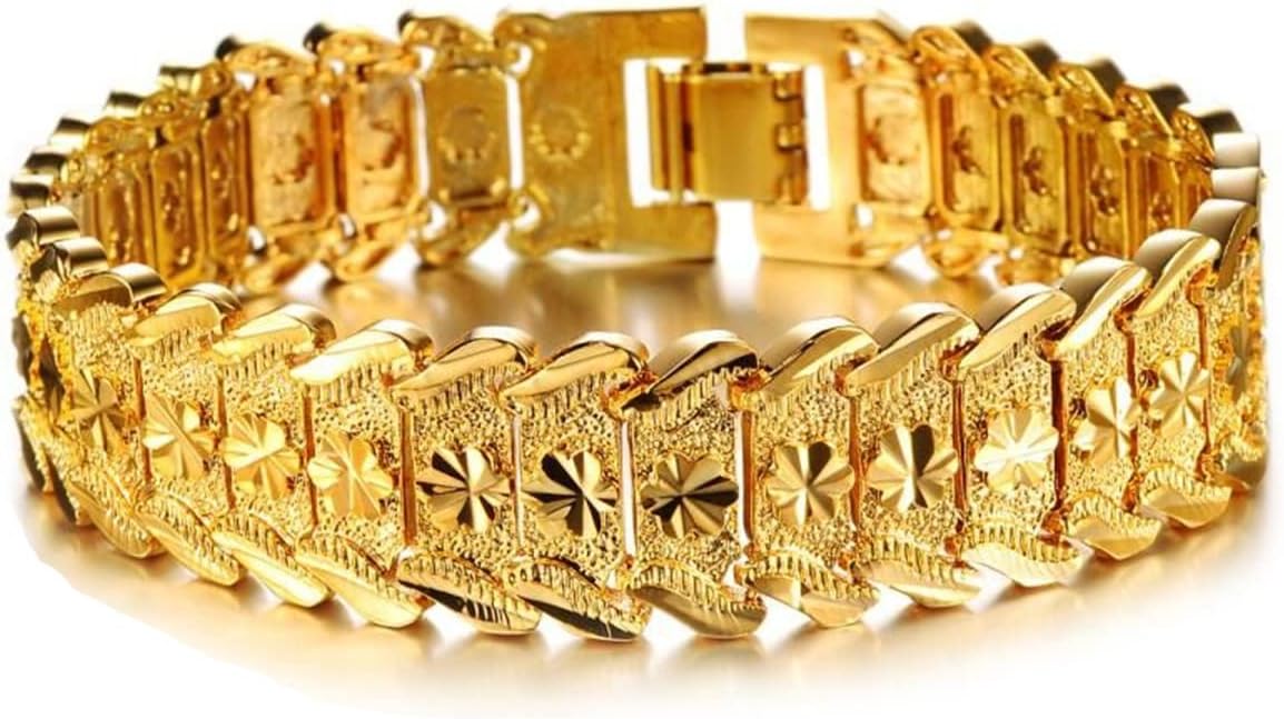 Men's 18K Gold Plated Link Bracelet Carving Wrist Chain Wide Thick Cutting Noble Bracelet