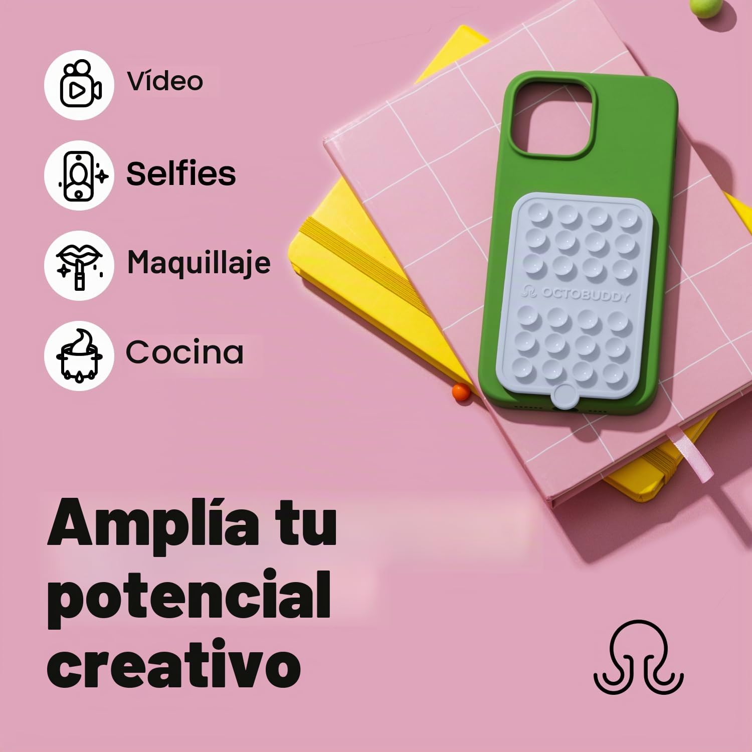 OCTOBUDDY Doble || Funda de Silicona con Ventosa de Teléfono Soporte Adhesivo || Compatible con iPhone y Android, Soporte de Accesorios Móviles Manos Libres Antideslizante para Selfies y Videos (Doble