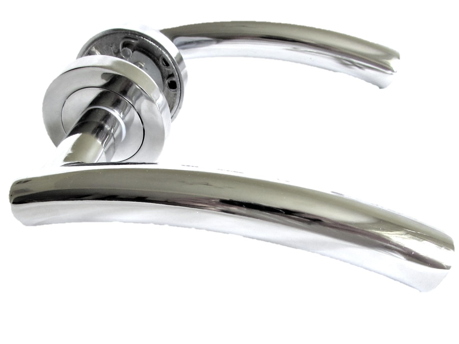Chrome Door Handles Modern Arched Lever on Round Rose, Internal Polished Epsom