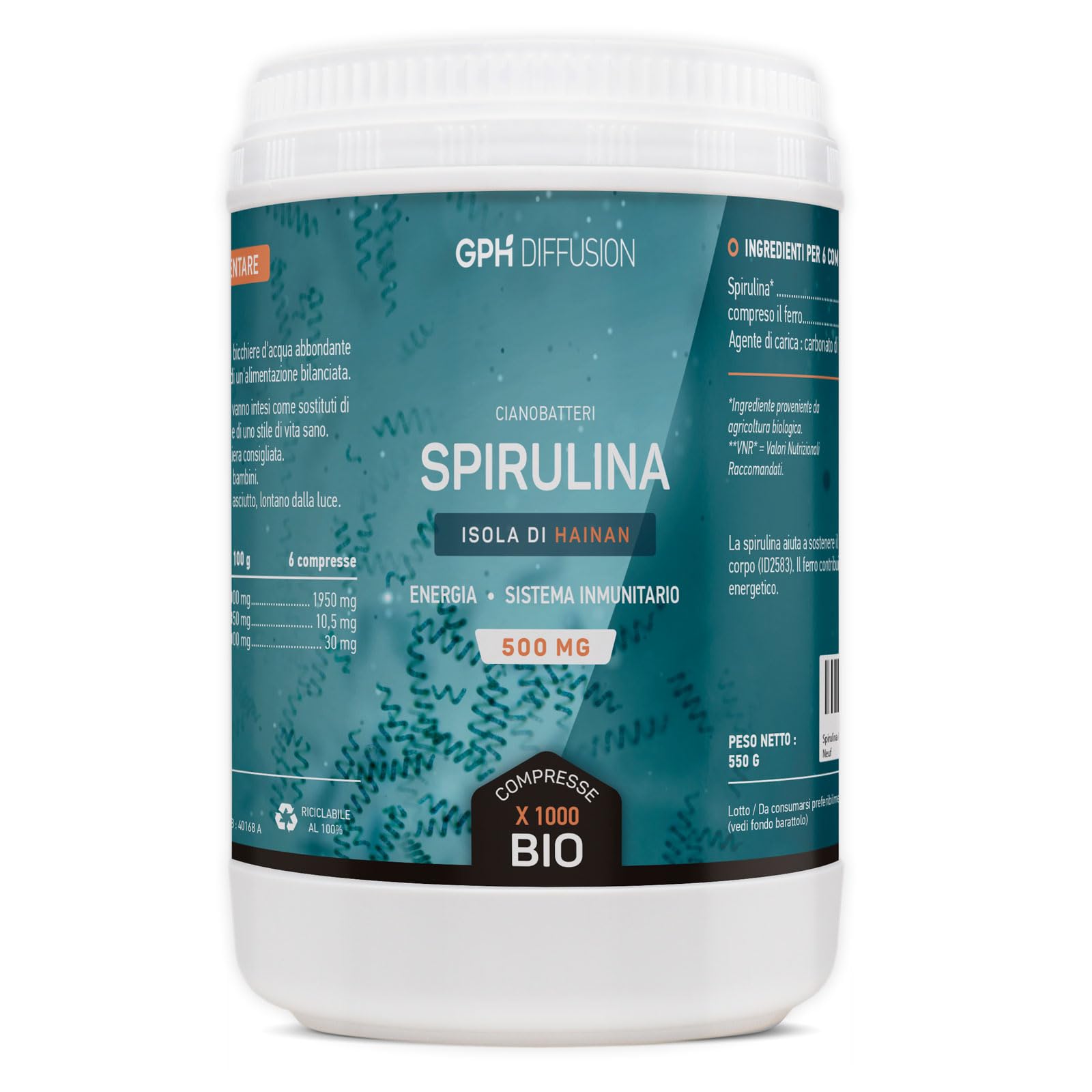 Spirulina Biologica 500mg - 1000 compresse - GPH Diffusion