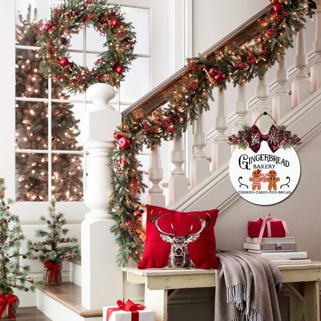 Miniatura 3 de Letrero navideño de panadería de pan de jengibre para puerta delantera, corona de Navidad, letrero colgante de madera rústica, decoración navideña