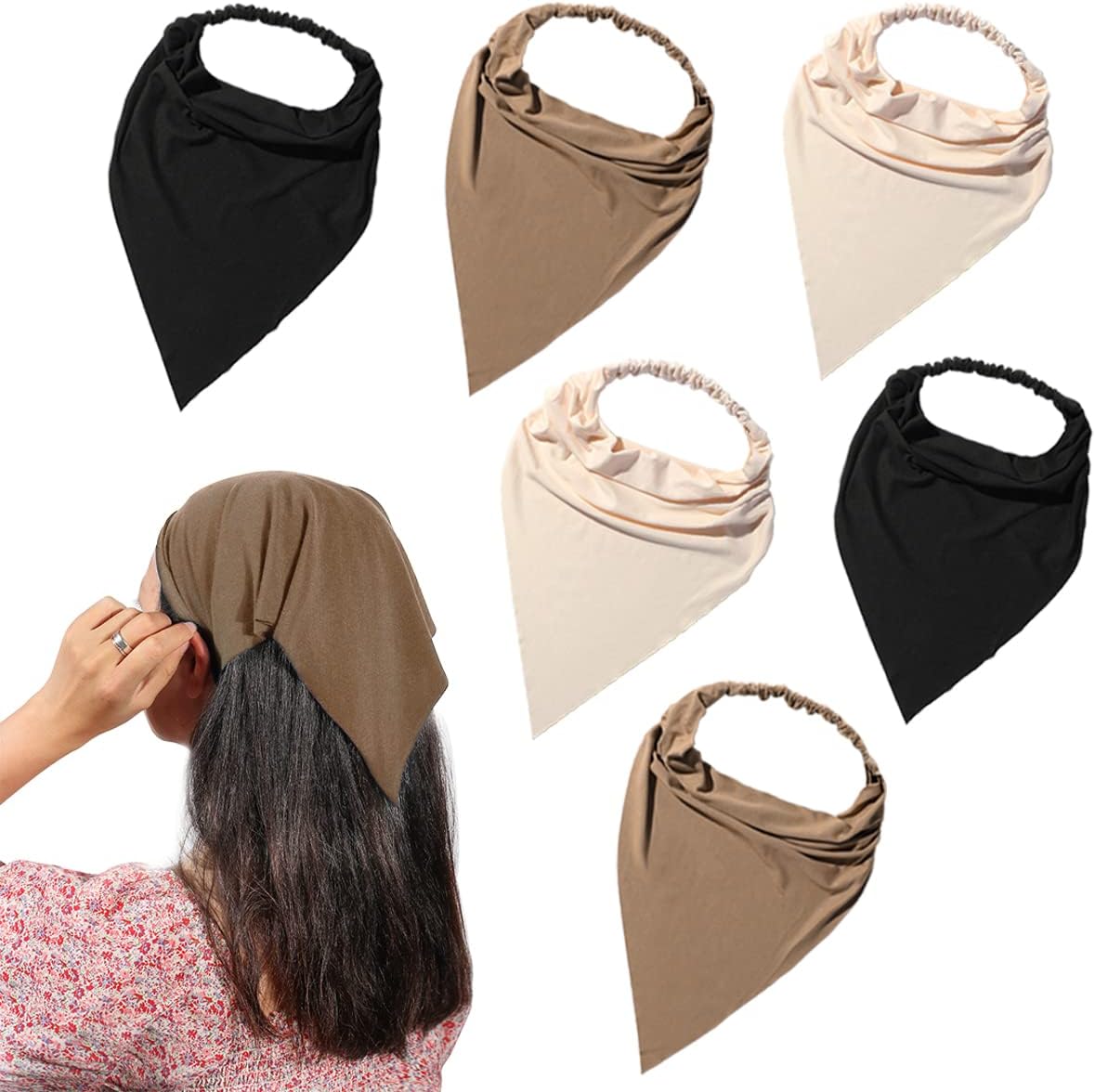 6 Pack Hair Scarf Headband for Women Elastic Bandana Head Scarf Large Boho Triangle Kerchief with Clips Non Slip Scarves