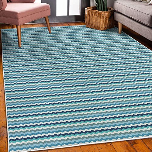 Ambesonne Aqua Decorative Area Rug, Retro Vintage Chevron Geometrical Zig Zag Stripes, Quality Carpet For Bedroom Dorm Living Room, 4' X 5' 5", Pale Blue Navy Blue #TOP2