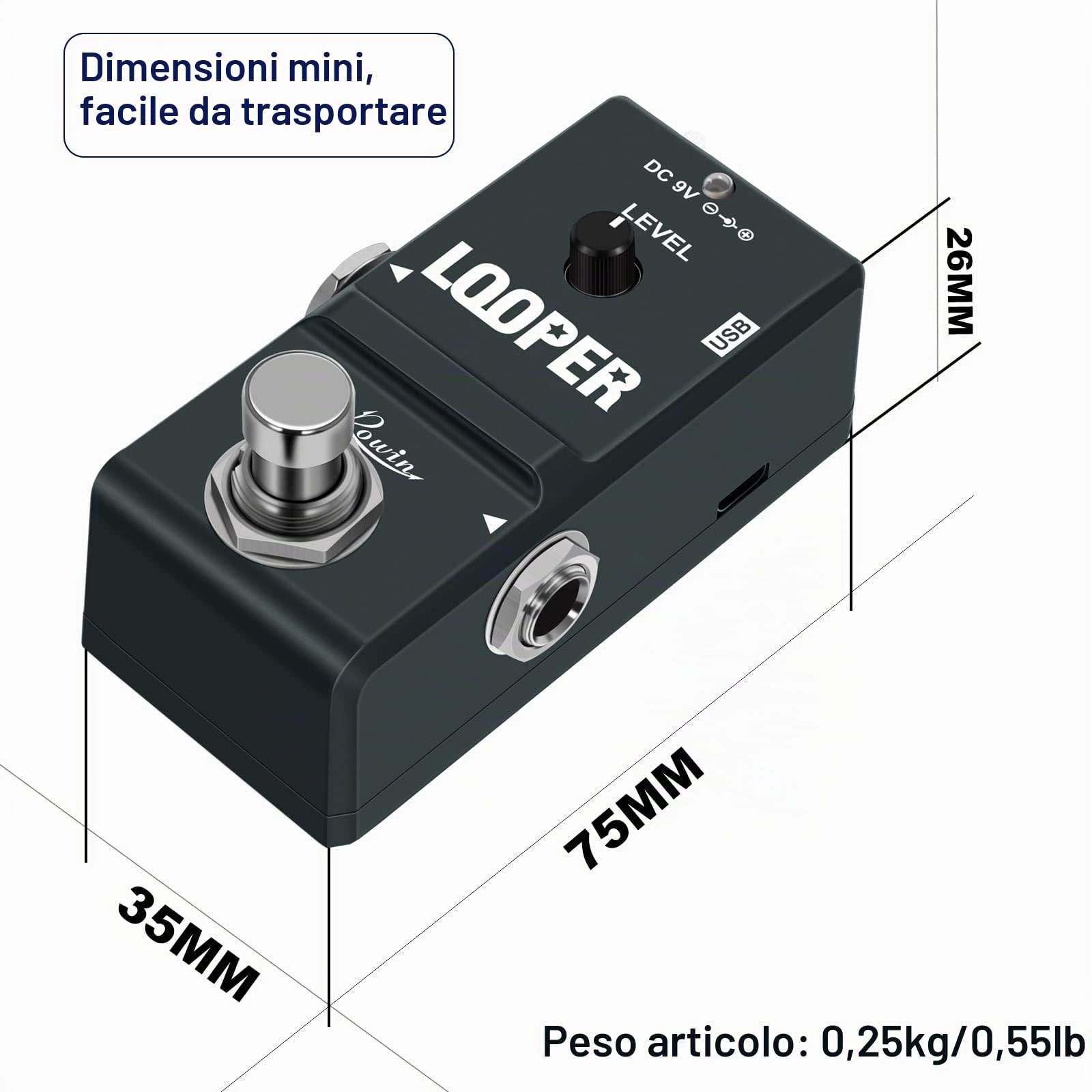 Rowin Tiny Looper LN-332 - Pedale per chitarra, con cavo USB, 10 minuti di registrazione, Loop Station, sovraincisioni Illimitate, per Chitarra Elettrica e Basso