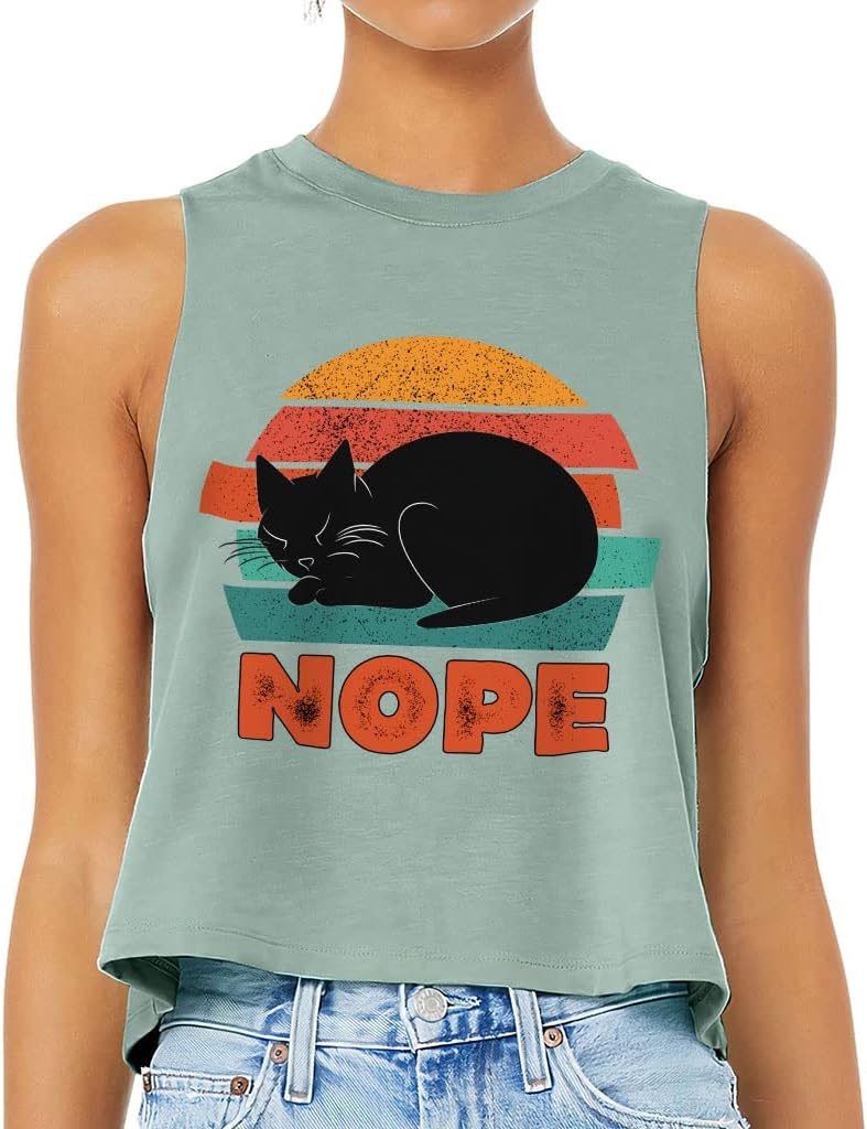 Cat Print Racerback Cropped Tank - Lazy Women's Tank - Art Tank Top - Heather Dusty Blue, L