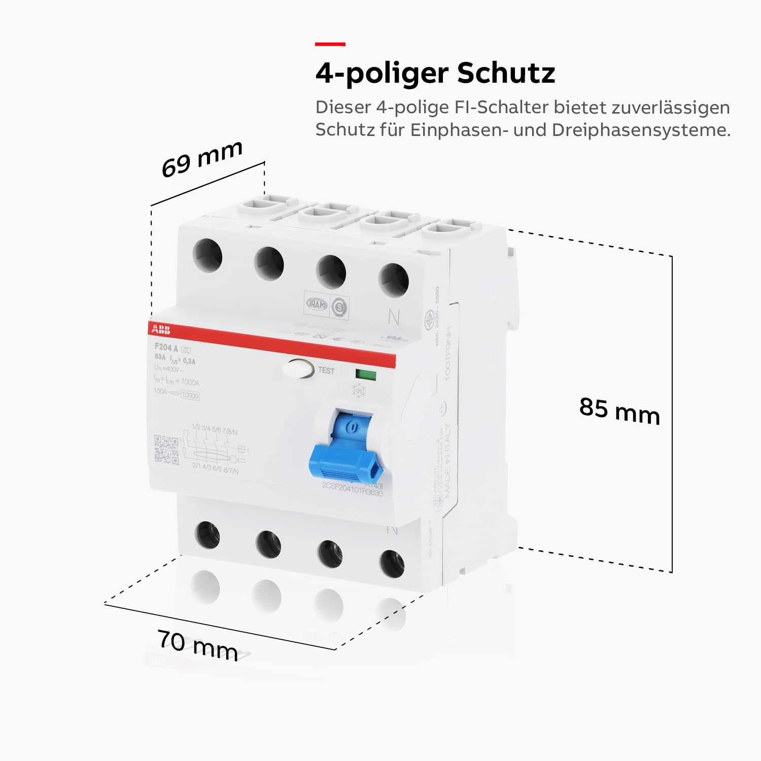 ABB F204A-63/0,3 4-Polig FI-Schutzschalter, 230V, 63A