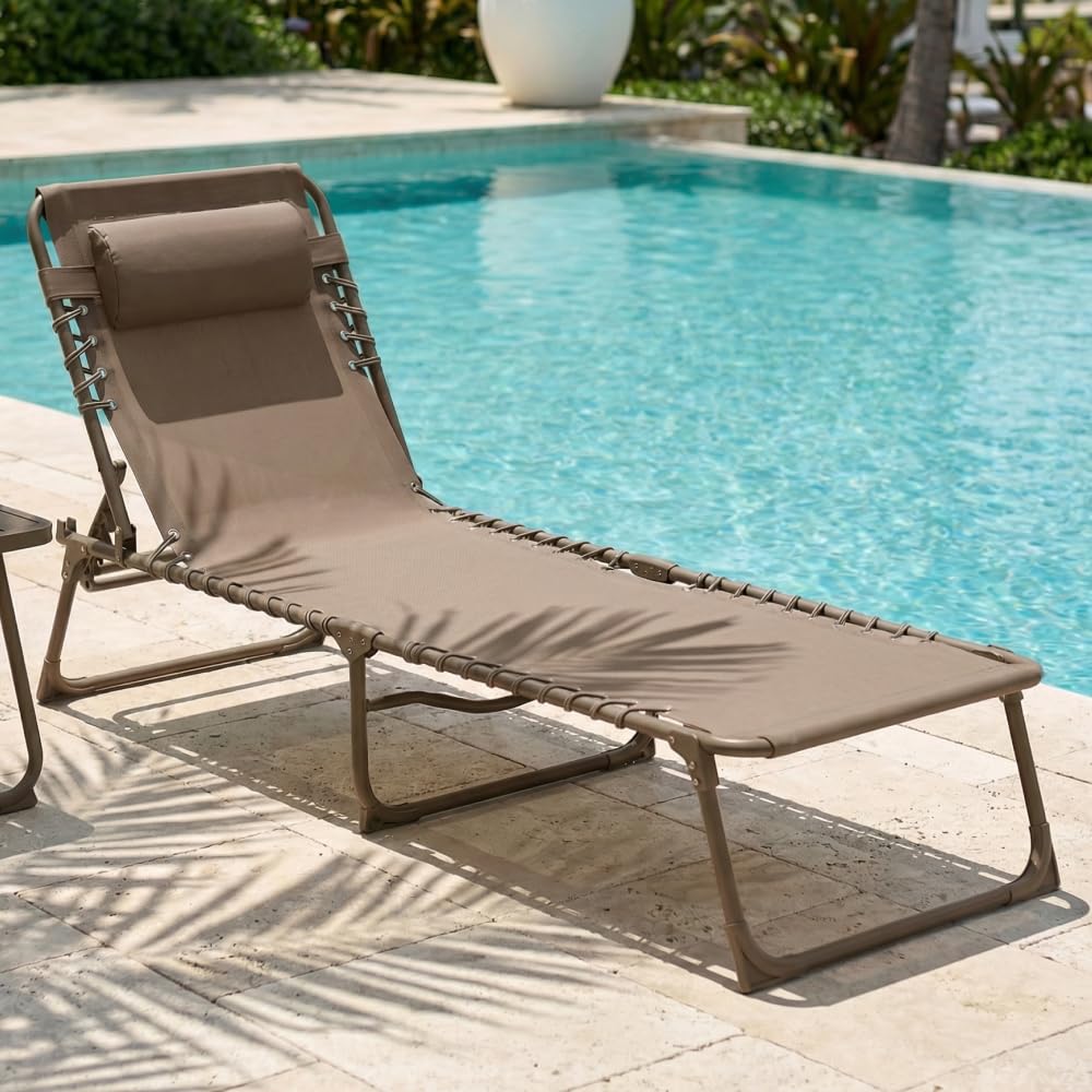 CASABEL Chaise Longue Pliante, Inclinable, Taupe | Coussin déperlant confortable, Dossier inclinable, Toile textilene respirante, Structure acier anti-rouille, Pliable, légère