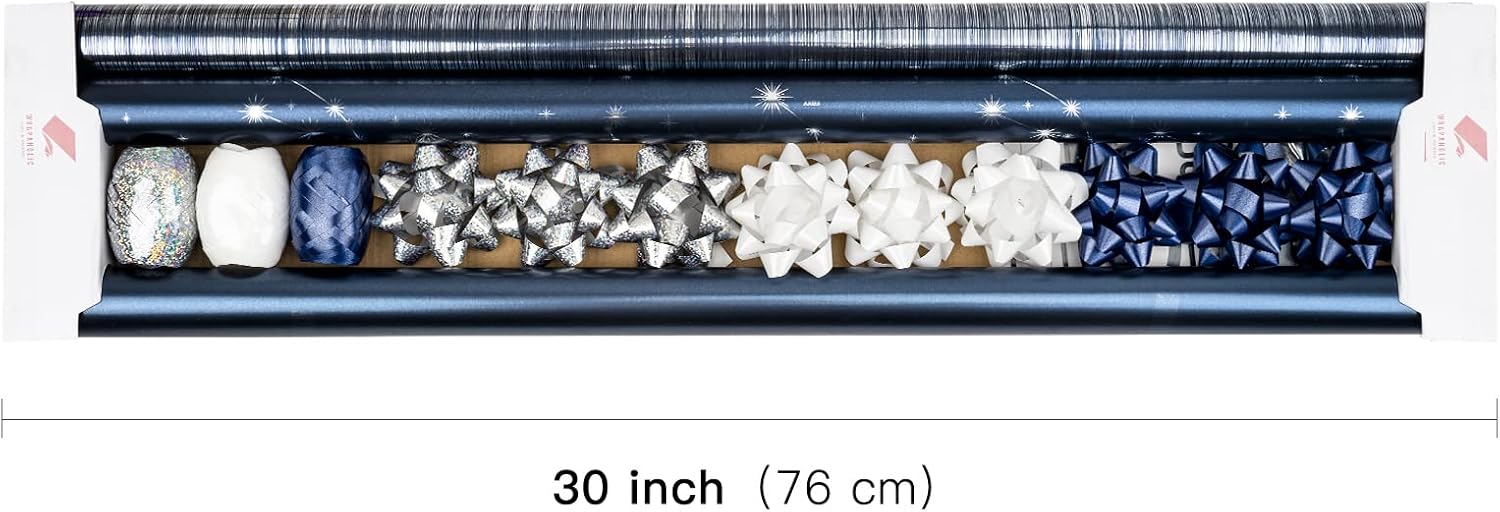 WRAPAHOLIC Wrapping Paper Set - Navy and Silver Wrapping Paper Bundle with Gift Bow & Ribbon & Tag & Sticker, Perfect for Birthday, Holiday, Father's Day, Baby Shower
