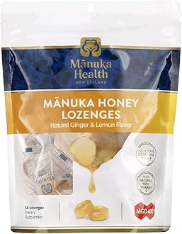 Manuka Health Manuka Honey Cough Drops – 58 Natural Lemon & Ginger Flavored Throat Lozenges Infused with Raw Manuka Honey and Vitamin C for Immune Support