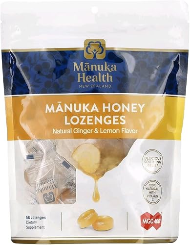 Manuka Health Manuka Honey - Gotas para la tos - 58 pastillas naturales con sabor a limón y jengibre para la garganta infundidas con miel de manuka