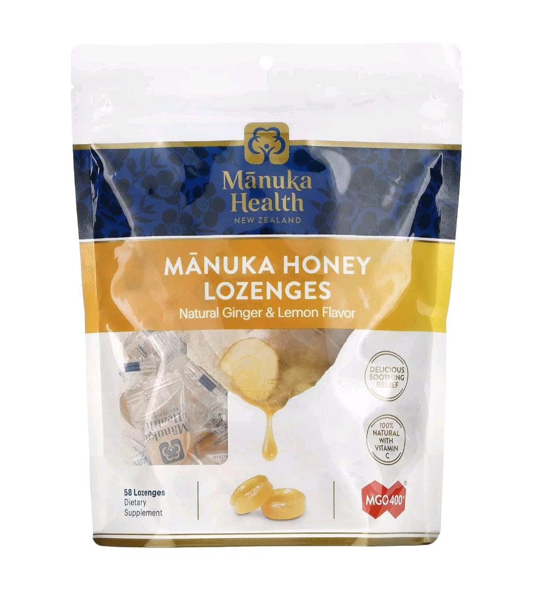 Manuka Health Manuka Honey Cough Drops – 58 Natural Lemon & Ginger Flavored Throat Lozenges Infused with Raw Manuka Honey and Vitamin C for Immune Support
