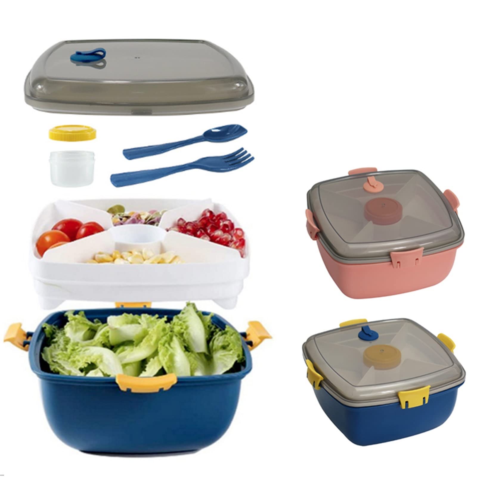 Brotdose， Doppeldecker-Lunchbox, Salatbox, Bento-Picknick, 4 Gitter, Salatdressing-Behälter, Lunchbox-Set, Stude(Blu)