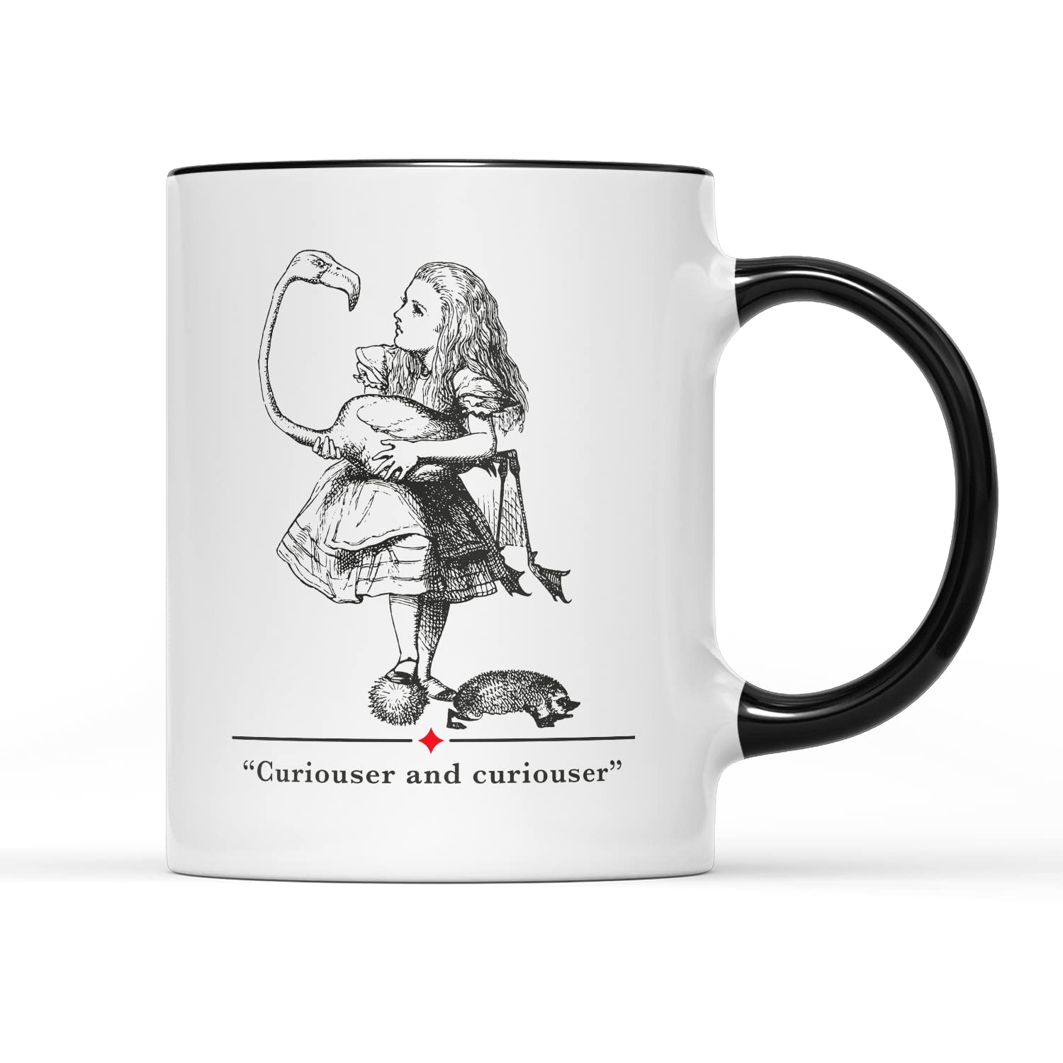 WillowGifts Alice Wonderland Quote Mug Tea Caffeine Coffee Cup Mischievous Curiouser Phrase Saying Through The Looking Glass March Hare Hatter Book Novel Gift Present (Black Handle)
