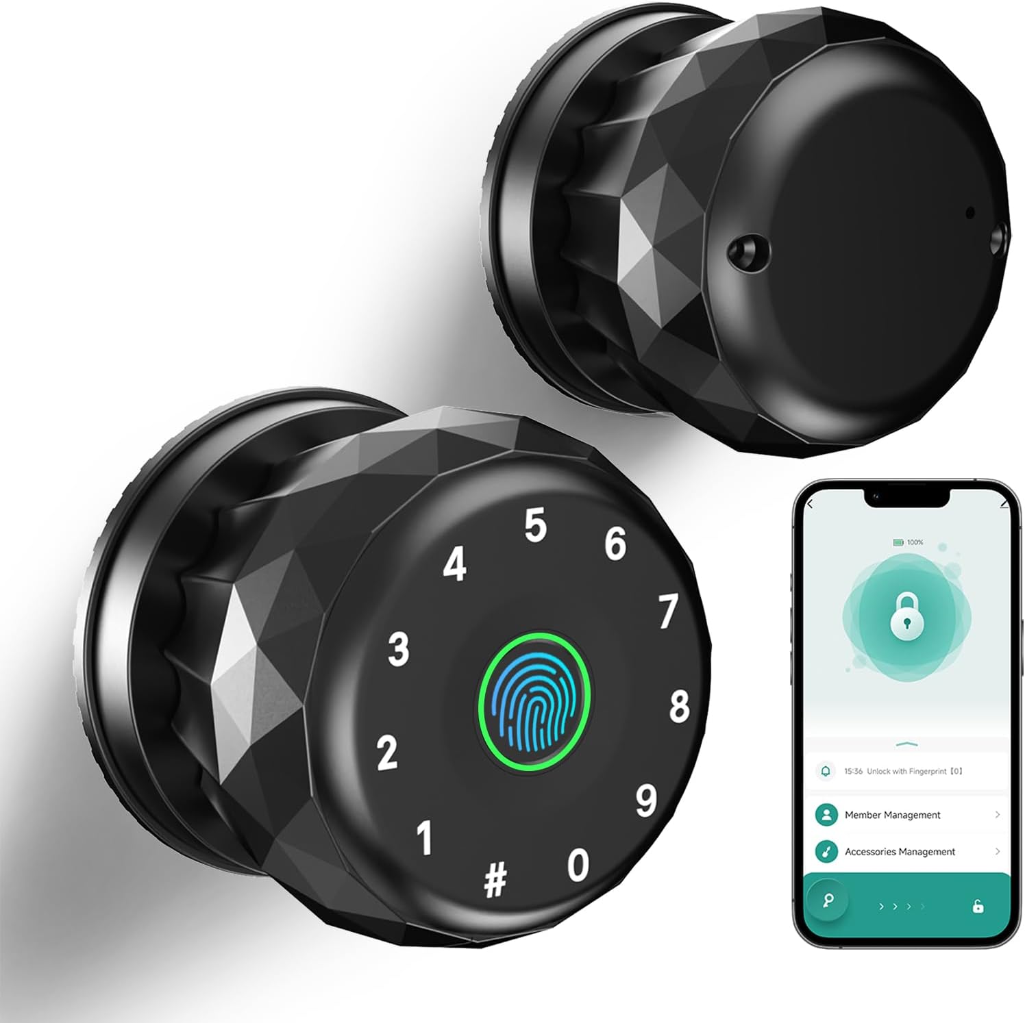 Filta Smart Door Knob Lock - Biometric Fingerprint Door Lock with Keypad & APP Control, Keyless Entry Automatic Door Lock for Bedroom Home & Office Door, Door Knob with Lock (Matte Black)