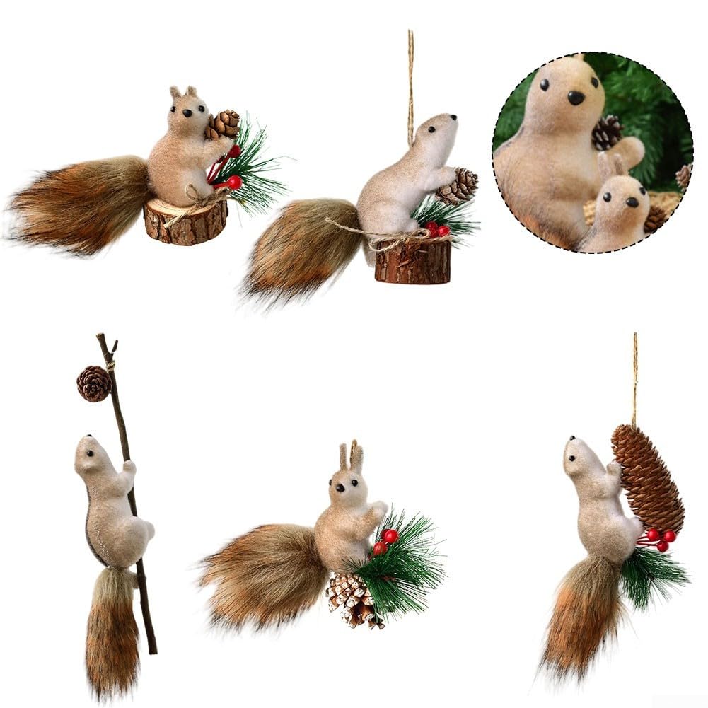 Juego de 5 adornos navideños de ardilla, decoración colgante de espuma ligera con colas articulables para árbol de Navidad, mochila o llavero, colgantes de animales falsos marrones