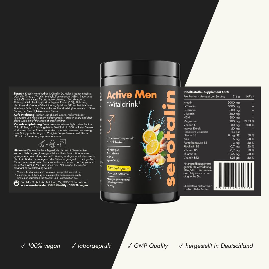 serotalin Active Men Complete Set | Kapseln mit Maca, Night Kapseln mit KSM-66 Ashwagandha & Drink mit Kreatin | Nährstoff Komplex | Made in Germany