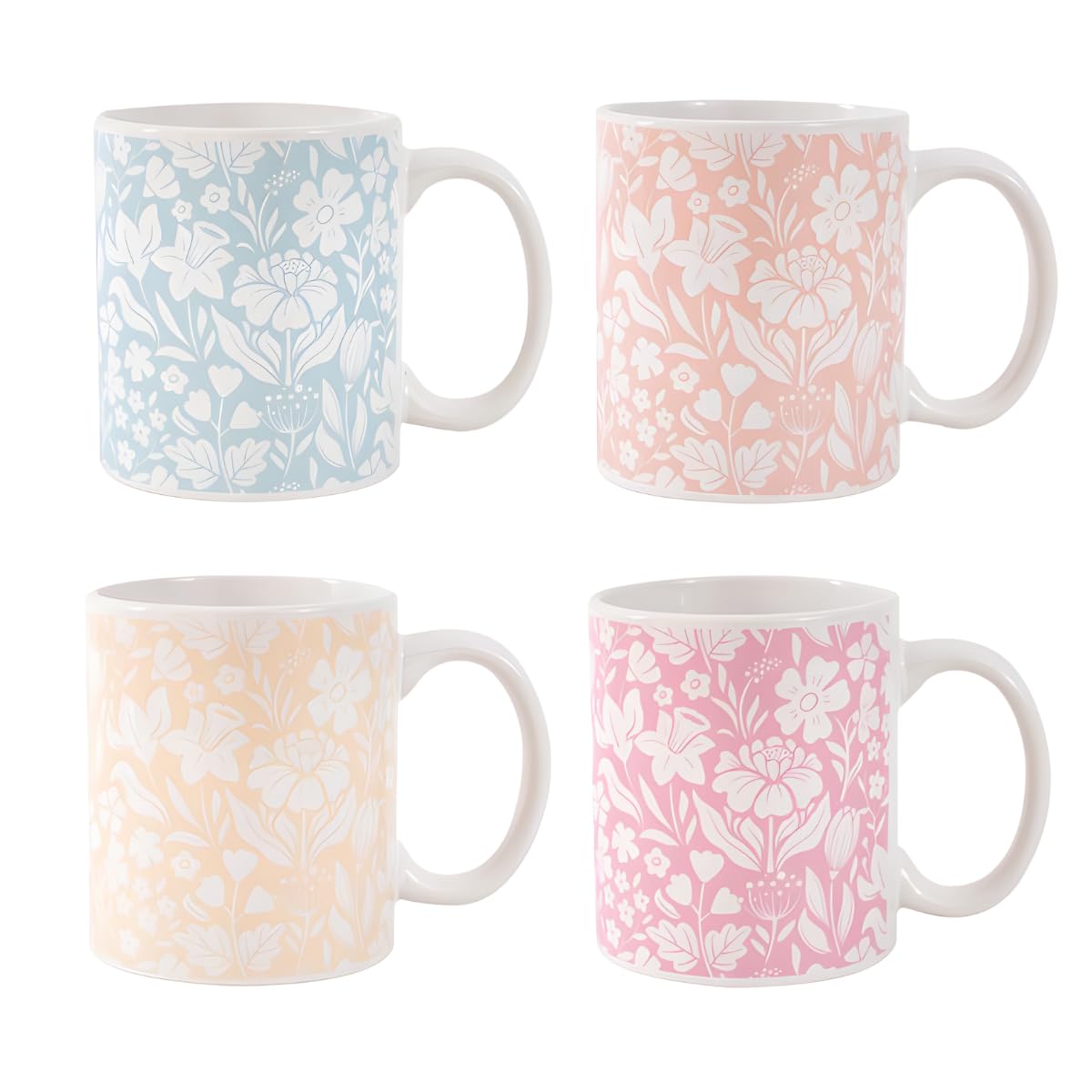 Set of 4 Mugs Floral U Shaped 11oz Cup Blue Peach Yellow Pink Designs Microwave Dishwasher Safe Coffee Tea Mug Durable AB Grade Stoneware Kitchen Mug 8cm x 9.5cm
