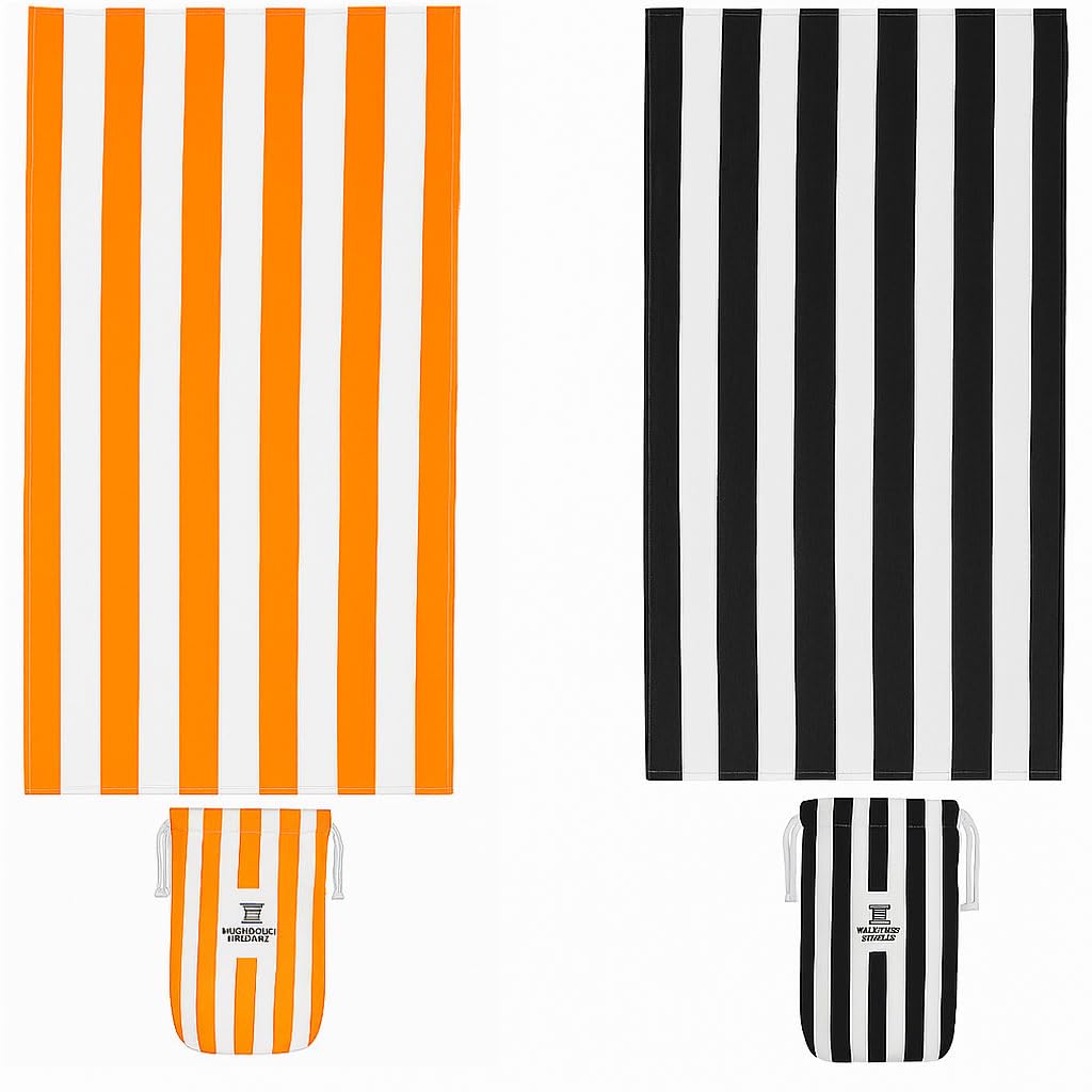 2 Pack Large Beach Towels for Adults Highly Absorbent Cabana Microfibre Pool Towel with Bag Double Sided Print Lightweight Sand Free Bath Towel for Pool Campaign (180x90cm) Orange & Black Set of 2