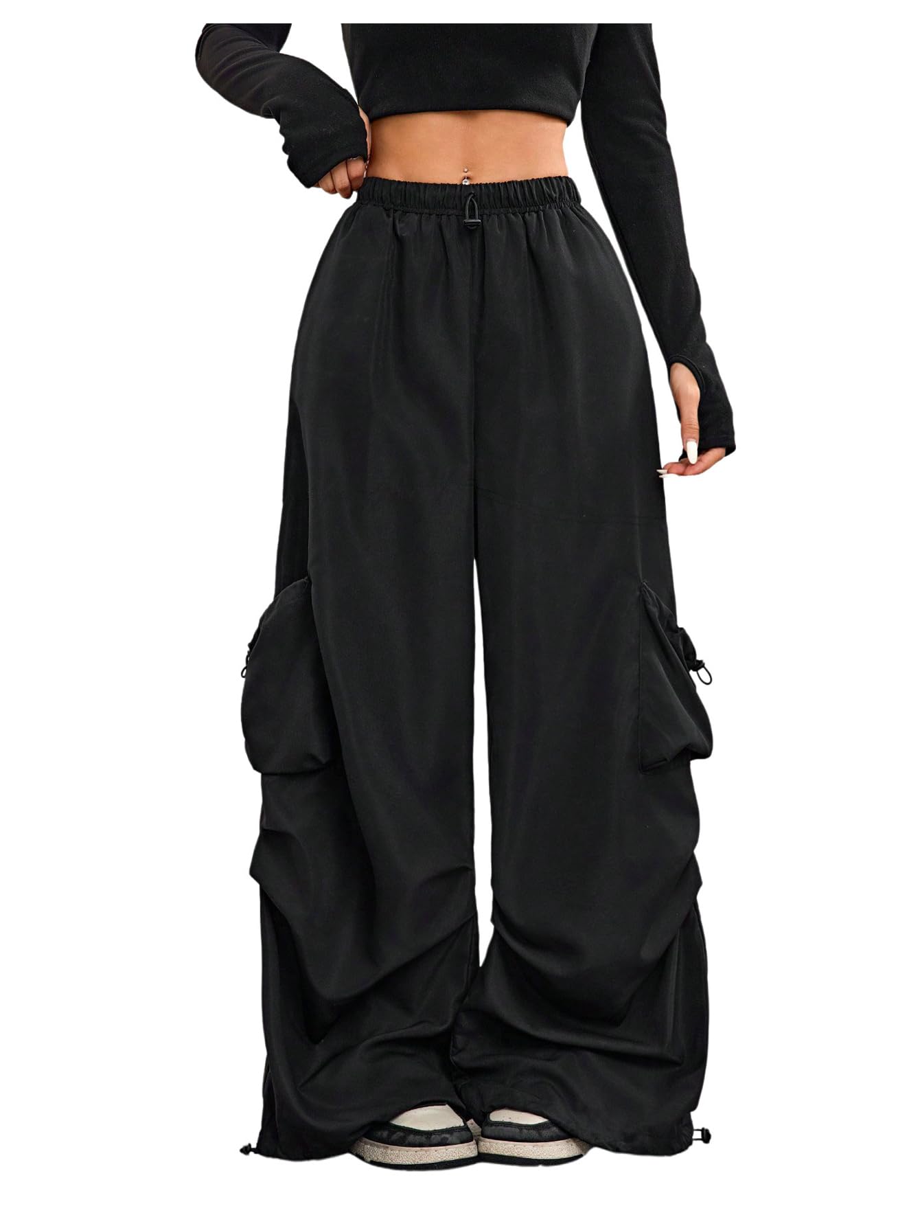 GORGLITTER Women's Parachute Baggy Cargo Pants Wide Leg Low Waisted Oversized Loose Drawstring Pants with Pockets