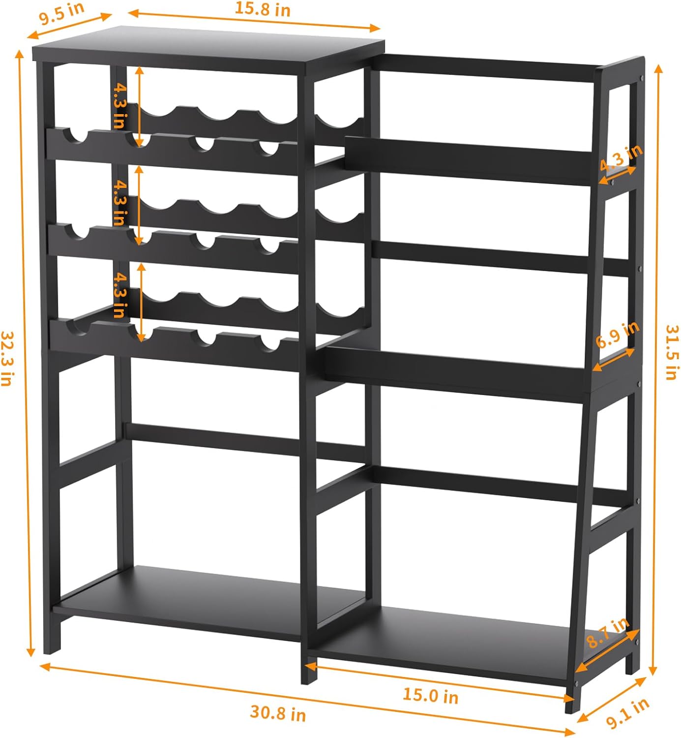 VASMIA Versatile Liquor Stand for Home Bar, Wine Rack Freestanding Floor, Mini Bar Table with Bamboo Trapezoidal Liquor Bottle Display Shelf Cabinet for Living Room, Black