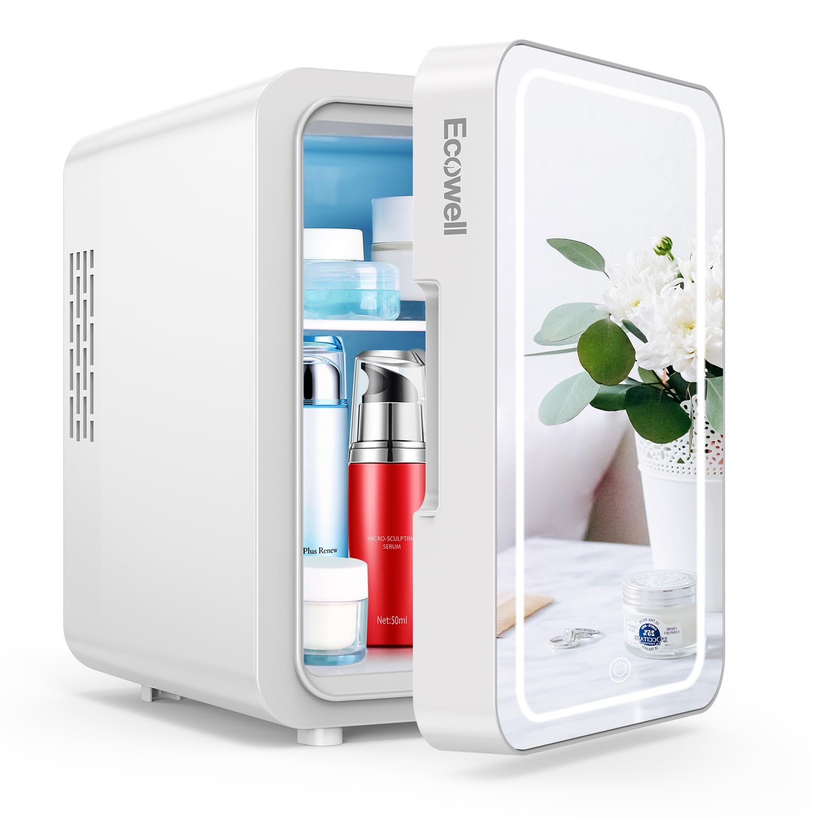 ECOWELL Mini Skincare Fridge with LED Mirror, showing its compact design and internal storage.