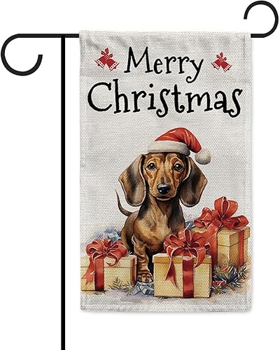 Bandera de jardín con texto en inglés Merry Christmas para perro, diseño de perro salchicha, sombrero de Papá Noel, patio, exterior, banderas de
