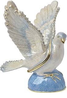 Pigeon Figurine White Dove Bird Trinket Box Hinged Golden Handmade Crystal Home Décor, Elegant Home Décor & Unique Gift for Bird Lovers