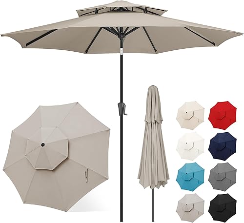 Miniatura 21 de FLAME&SHADE Sombrilla de Patio de 9 pies - Sombrilla para Exteriores de 2 Niveles con Botón de Inclinación y Manivela para Protección UV, Sombrilla