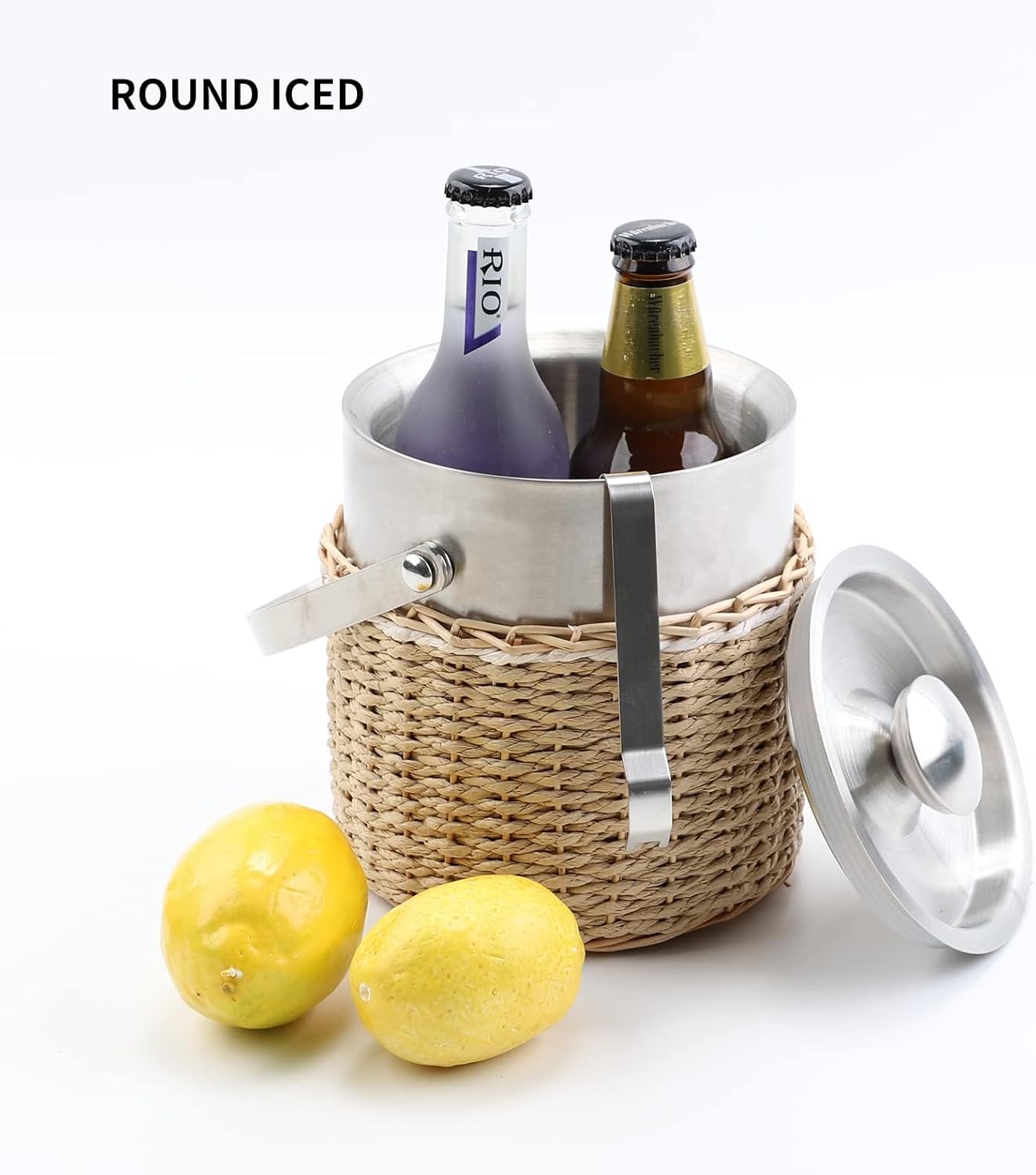 Ice Bucket with Lid, 2 Liter Stainless Steel Insulated Ice Bucket with Wicker Outer Basket Handle Tongs for Party Bar Buffet