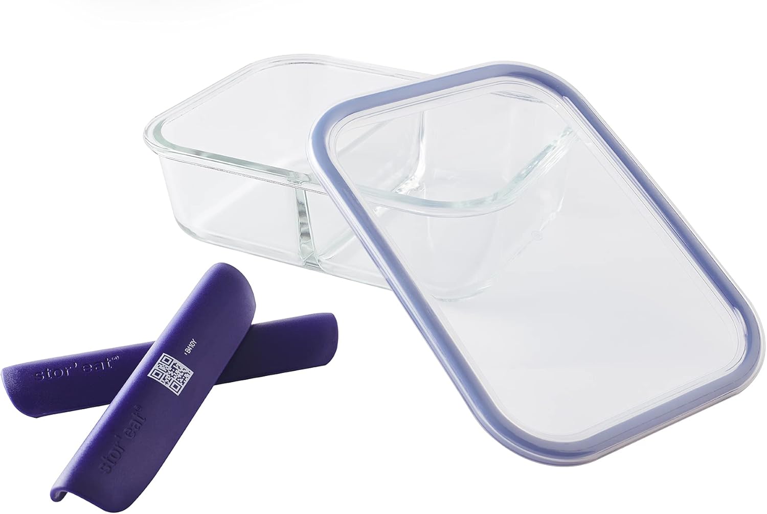 MASTRAD - Food Storage Container - Stor'Eat Connected - Resistant Borosilicate Glass - With Dividers - Microwave, Fridge, Freezer and Dishwasher Safe - BPA Free - 49 Oz - Blue