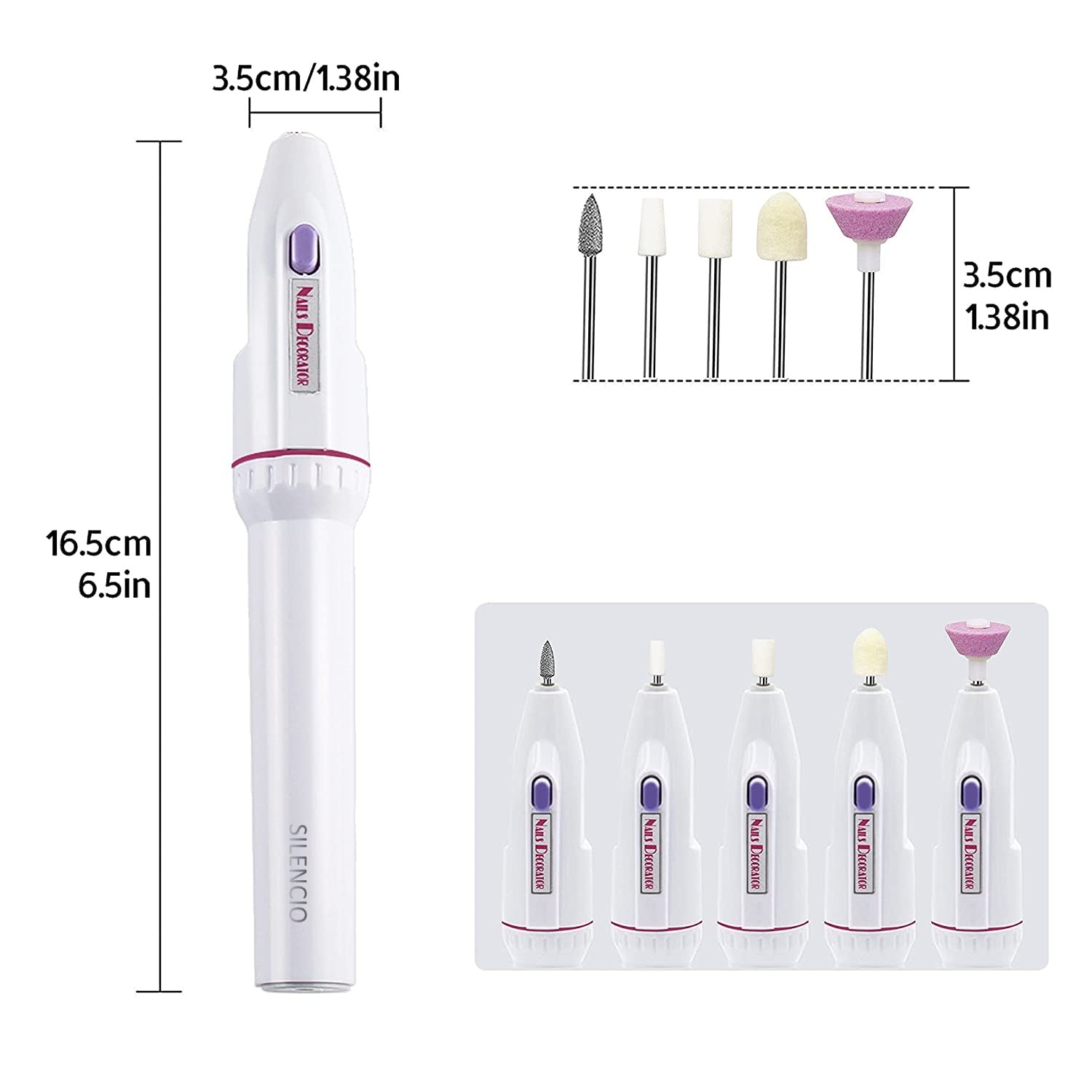 SILENCIO Electric Nail Drill Nails Art File Electric Manicure Drill Set, Portable Nail Buffer Fingernail Grinder Kit Multi-function Natural Toe Nail Polisher Grinding Burnishing Machine for Home Salon (5 IN 1) 3