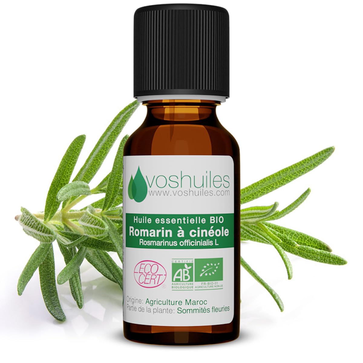 Voshuiles - Huile Essentielle Romarin à Cinéole Bio 10ml - Parfum Frais - Nombreuses Vertus - Huiles Essentielles de Qualité - 100% Pure et Naturelle - HEBBD et Certifiée ECOCERT