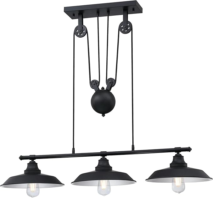 Westinghouse 6129400 Iron Hill Vintage-Style Three Light Indoor Pulley Pendant, Matte Black Finish