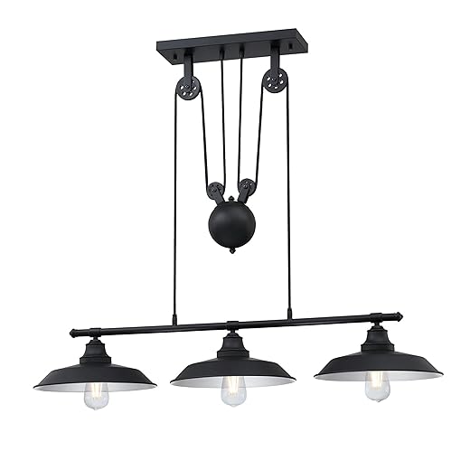 Westinghouse 6129400 Iron Hill Vintage-Style Three Light Indoor Pulley Pendant, Matte Black Finish