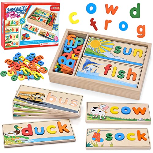 Image of Atoylink Wooden Spell Learning Toys for 2 3 4 5 Year Old Kids Match Letter Spelling Game Board & Letters & Box, CVC Word Builder Toddler Educational Toy Kindergarten Preschool Learning Activities