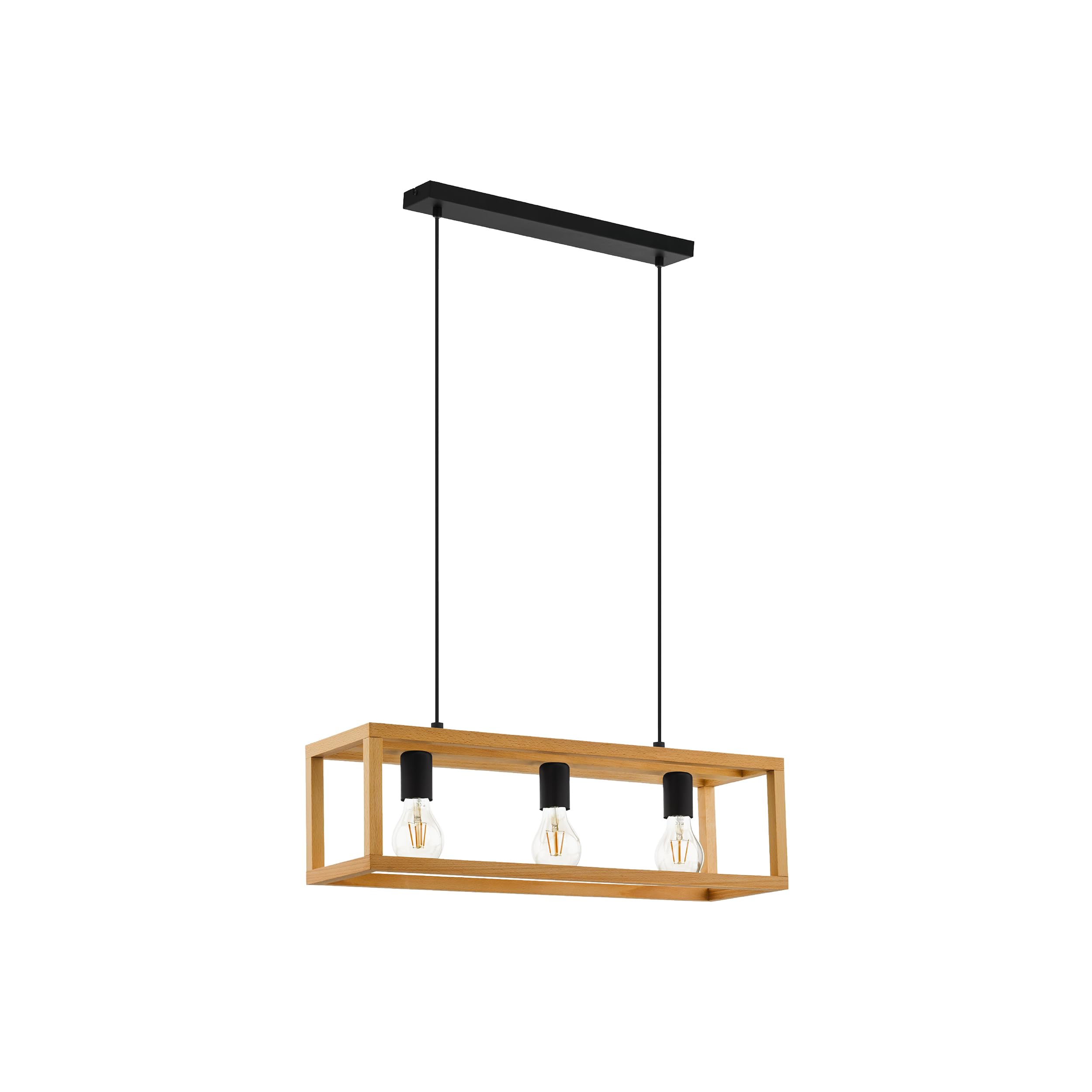 Eglo Blackcrown - Lampadario a sospensione 3 luci, stile | vintage, per tavolo da pranzo, lampada soffitto in design naturale, legno chiaro con attacco E27