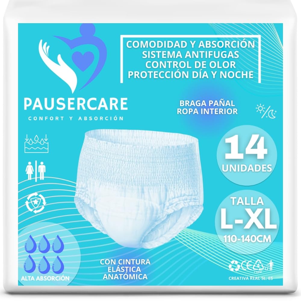 PAUSERCARE Braga Pañal Ropa Interior-Adulto Unisex |Super Absorbentes Para Incontinencia Severa | Hombres & Mujeres | 15 Unidades Desechables | Máxima Protección Discreta | Día y Noche (L-XL)