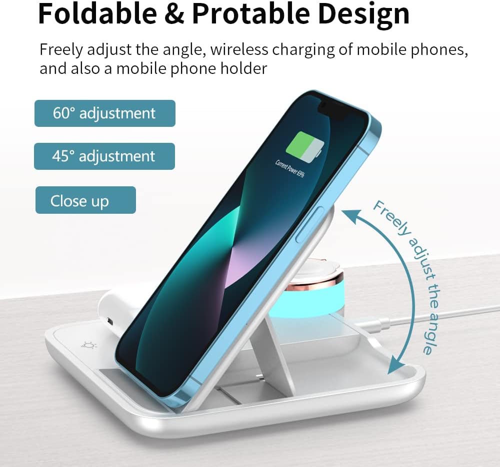 3 in 1 Wireless Charging Station, Foldable Charger for iPhone, Apple Watch & AirPods, Adjustable Charging Stand for Qi-Enabled Phones, Adapter Included