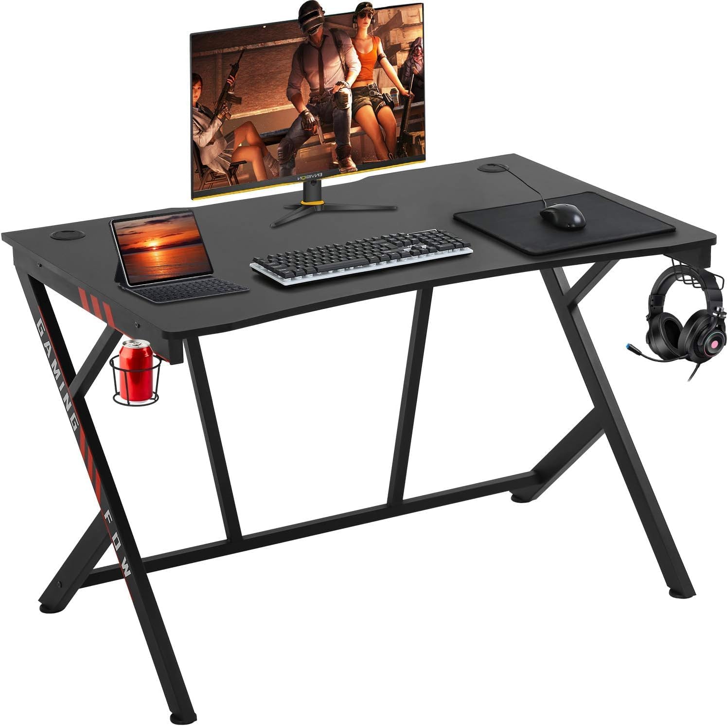 PayLessHere Gaming Desk 45" W x 29" D Computer Desk Home Office Desk with Cup Holder Headphone Hook Z Frame Design for Home Office Gaming Table Computer Table (Red)
