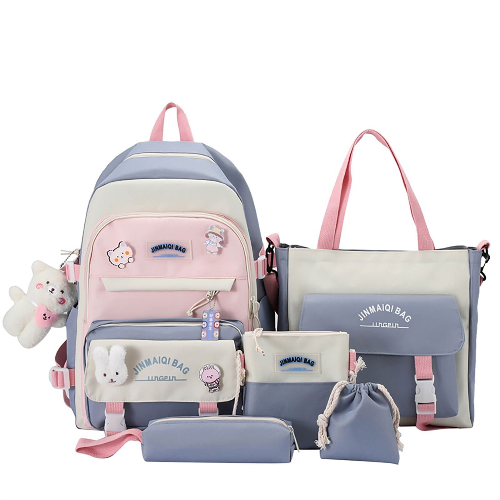 Kawaii Backpack 5Pcs Set for Student with Cute Bear Accessories - School Bags for Teen Girls Back to School Supplies