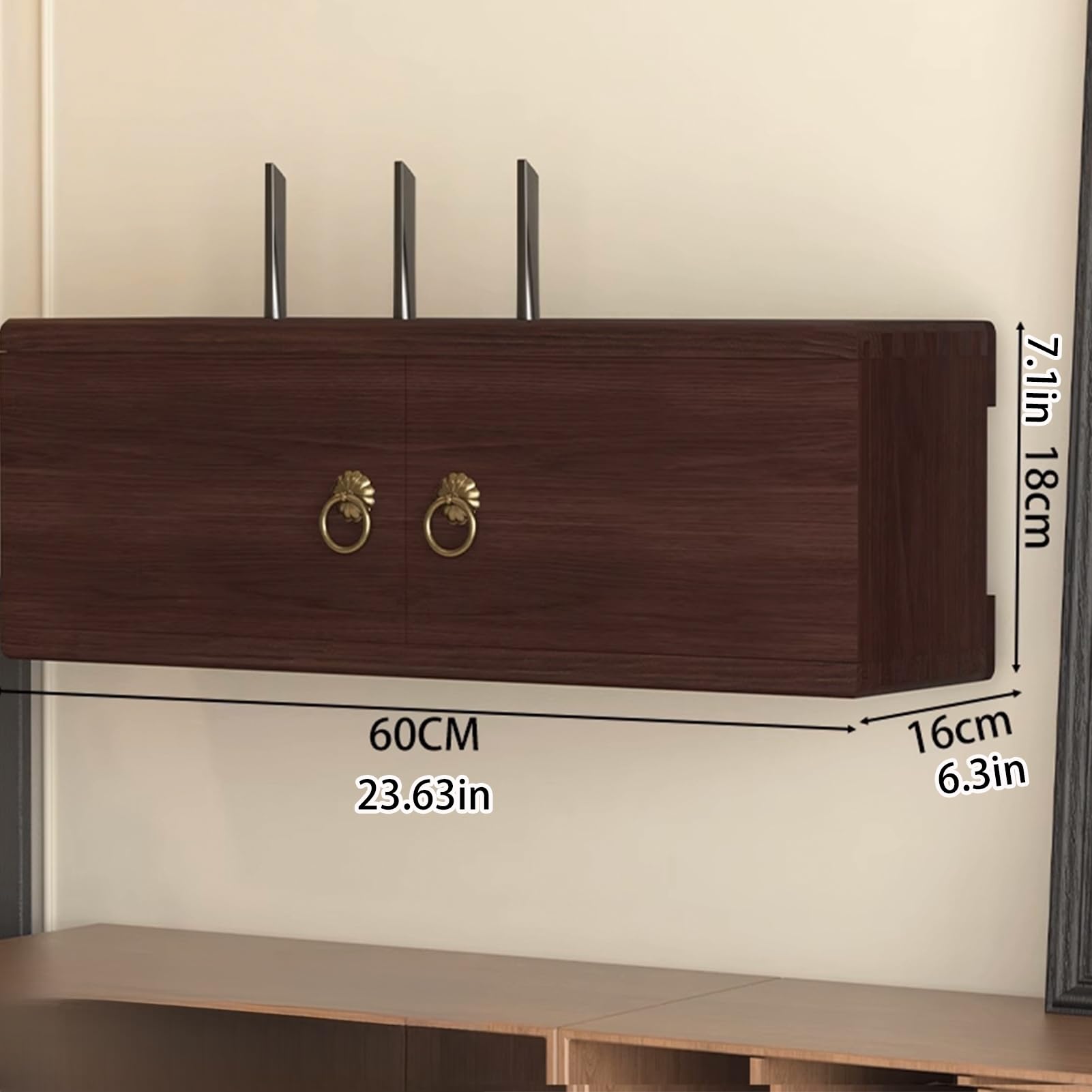 Boîtier de Rangement Mural en Bois Massif pour Routeur WiFi, Meuble de Rangement Multimédia pour Modem, Décodeur TV et Multiprise, Idéal pour Le Salon ou Le Bureau(Walnut-Late,60cm/23.6in)