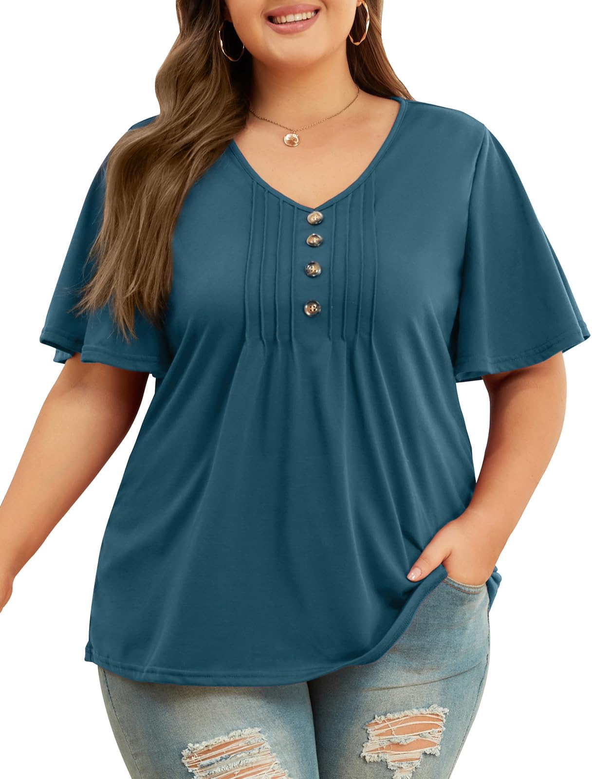 Tanst SkyWomens Plus Size Tops Ruffle Sleeve V Neck Shirts Casual Summer Tunic Blouses XL-5XL