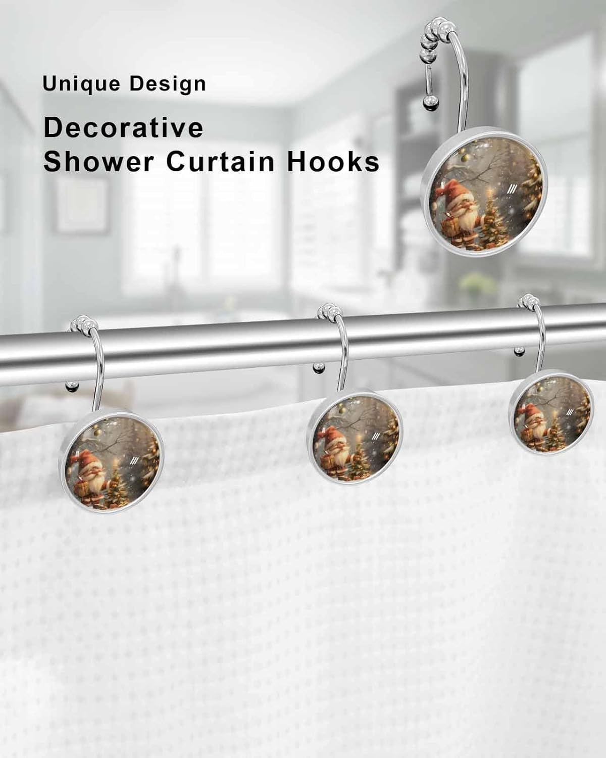 Shower Curtain Hooks 12 Pcs Christmas Cartoon Gnome Elf Forest Snow Ornaments Evergreen Stainless Steel Rust Proof Rolling Shower Curtain Rings, Decorative Shower Curtain Hooks Hangers for Bathroom