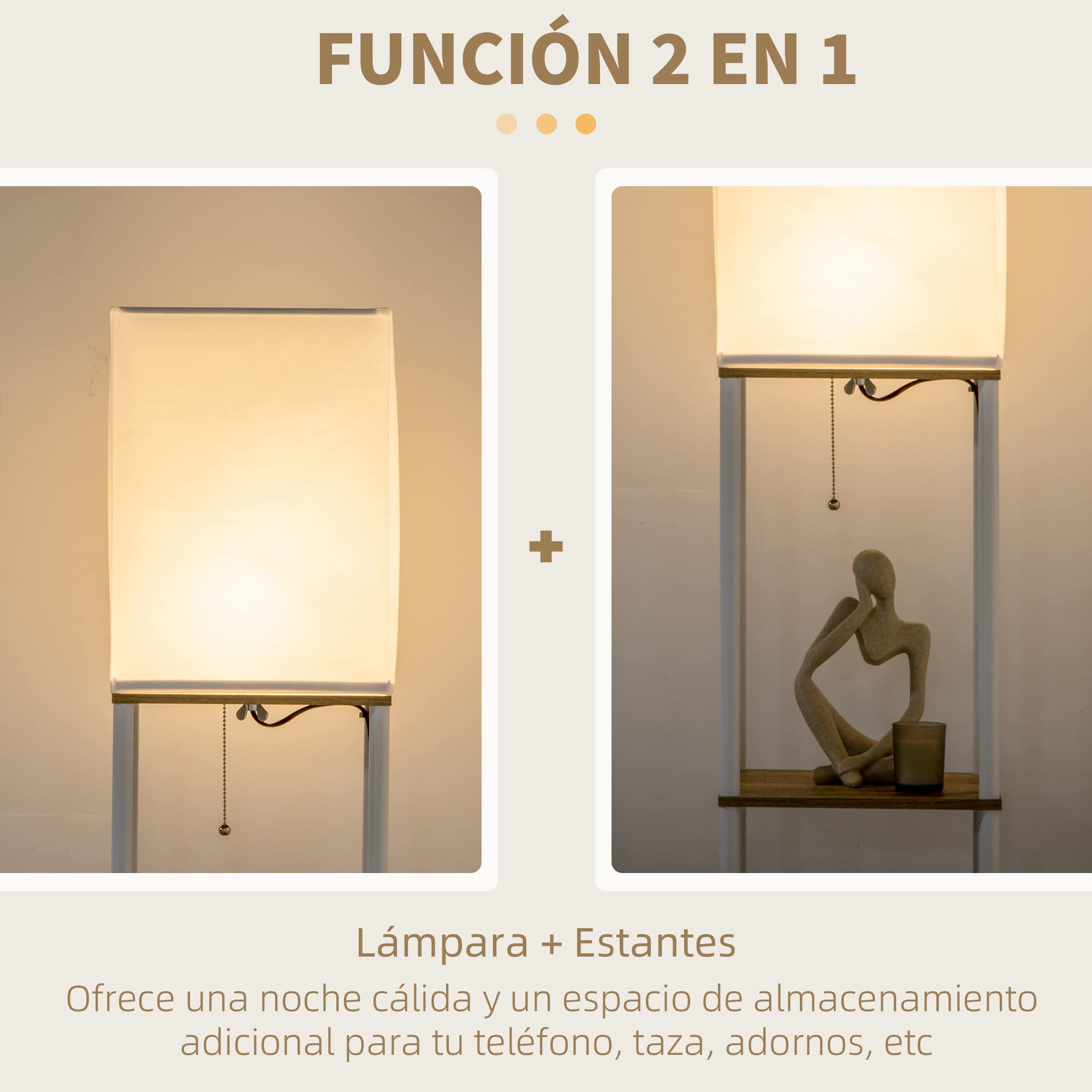 HOMCOM Lámpara de Pie Moderna con Estantes Lámpara de Pie para Salón Casquillo E27 Max. 40W con Pantalla de Tela e Interruptor para Dormitorio Oficina 26x26x159 cm Blanco